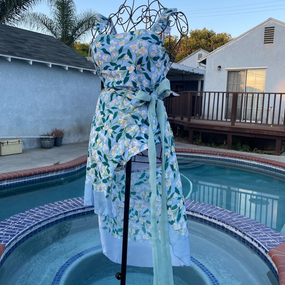 Sky blue swim suit and sarong with bright floral print NWOT